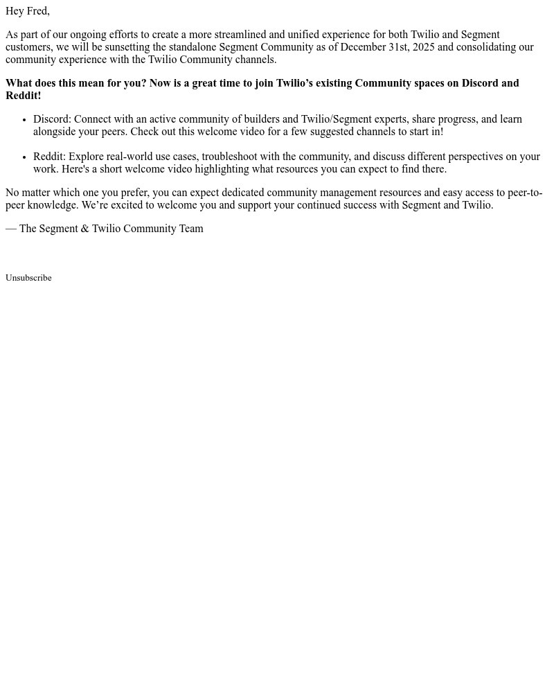 Screenshot of email sent to a Segment Trial user