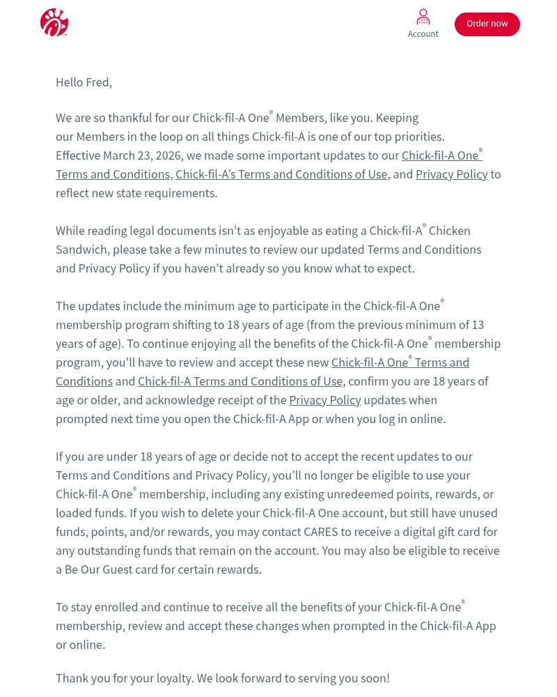 Screenshot of email sent to a Chick-fil-A Registered user