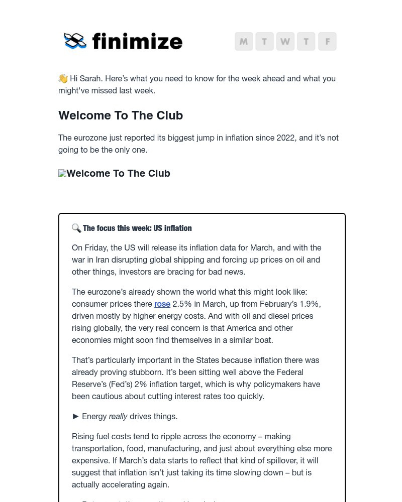 Screenshot of email sent to a Finimize Registered user