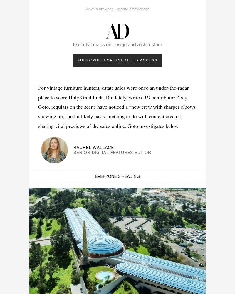 Screenshot of email sent to a Architectural Digest Newsletter subscriber