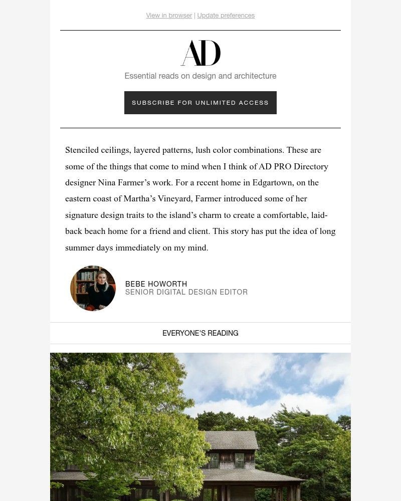 Screenshot of email sent to a Architectural Digest Newsletter subscriber