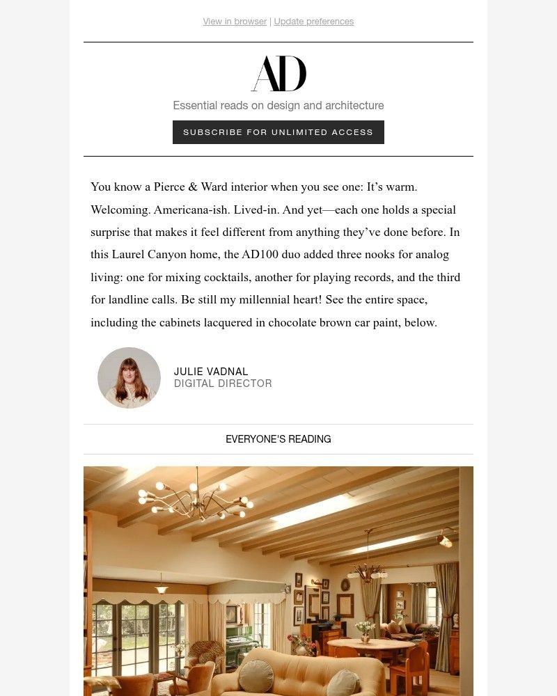 Screenshot of email sent to a Architectural Digest Newsletter subscriber