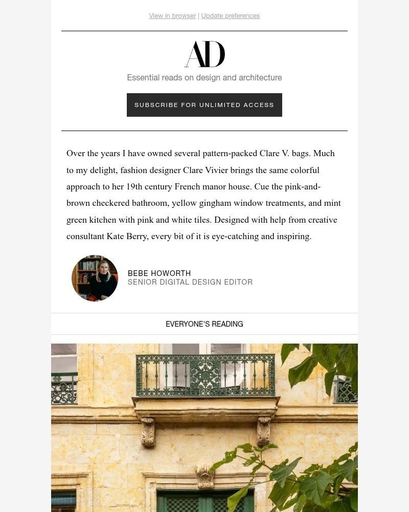 Screenshot of email sent to a Architectural Digest Newsletter subscriber
