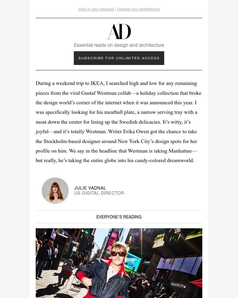 Screenshot of email sent to a Architectural Digest Newsletter subscriber