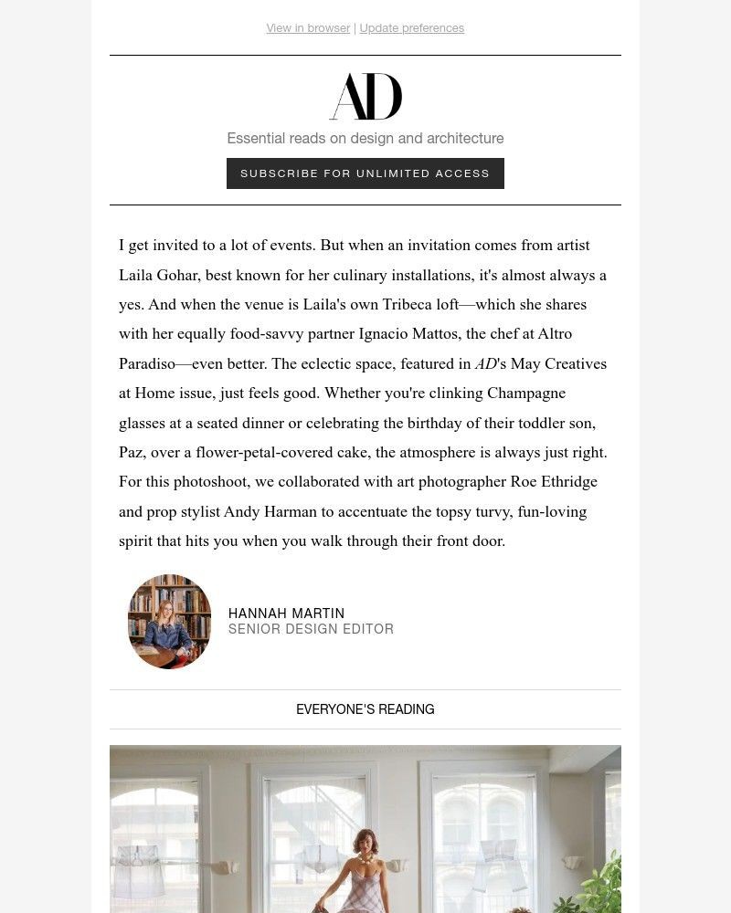 Screenshot of email sent to a Architectural Digest Newsletter subscriber