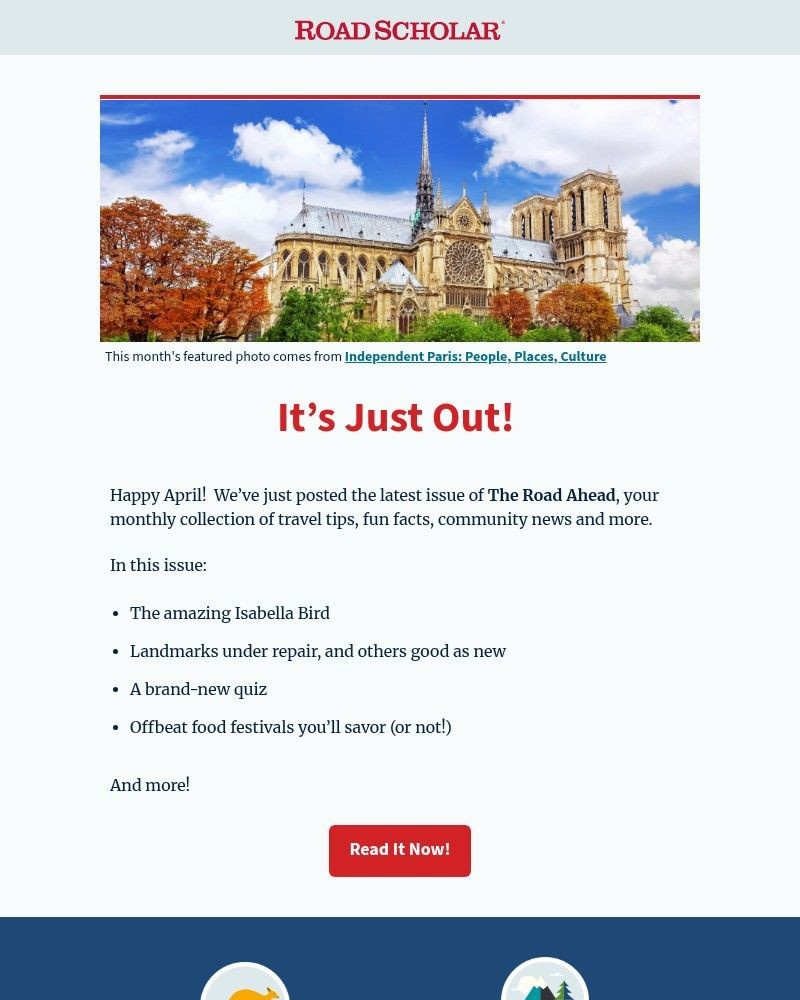 Screenshot of email sent to a Road Scholar Newsletter subscriber