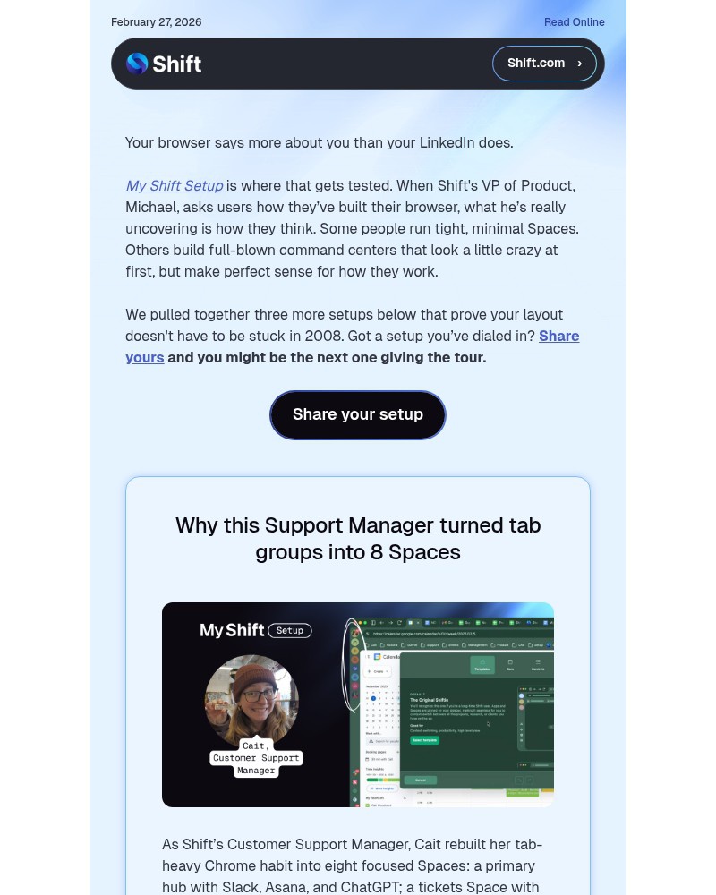 Screenshot of email sent to a Shift Newsletter subscriber
