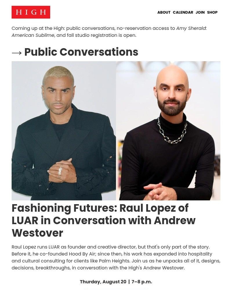 Screenshot of email sent to a High Museum of Art Newsletter subscriber