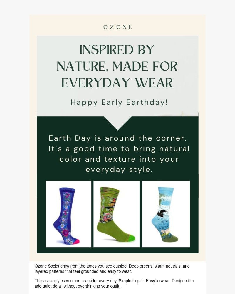 Screenshot of email sent to a Ozone Socks Newsletter subscriber