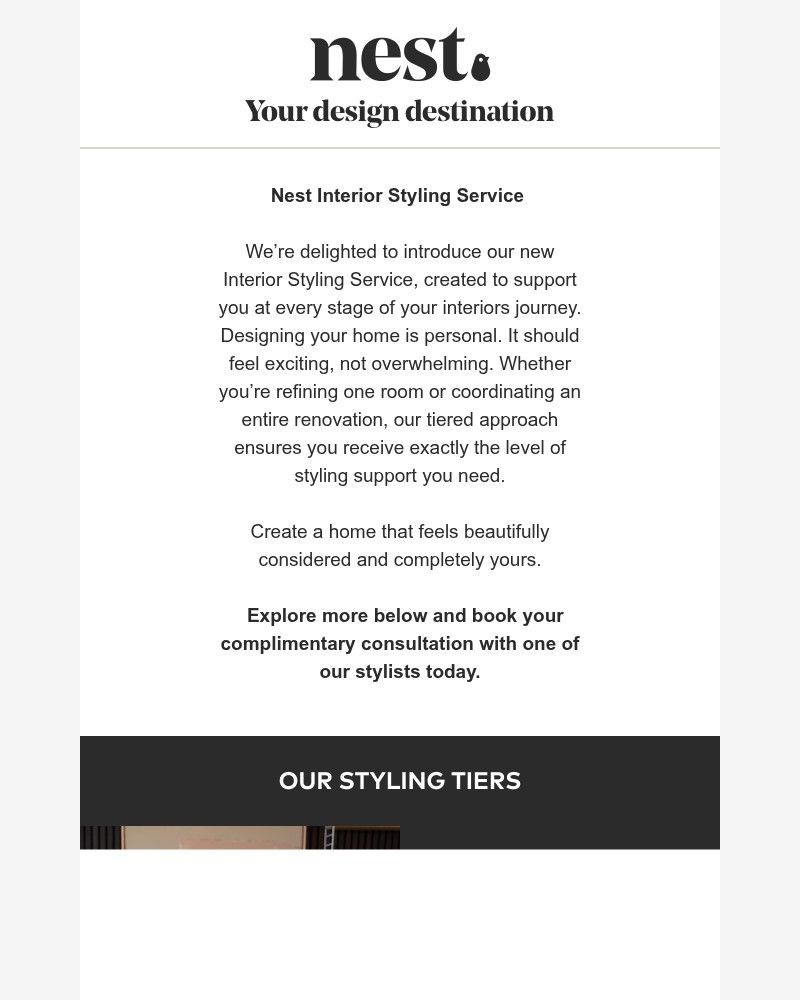 Screenshot of email sent to a Nest Furniture Cart abandoner