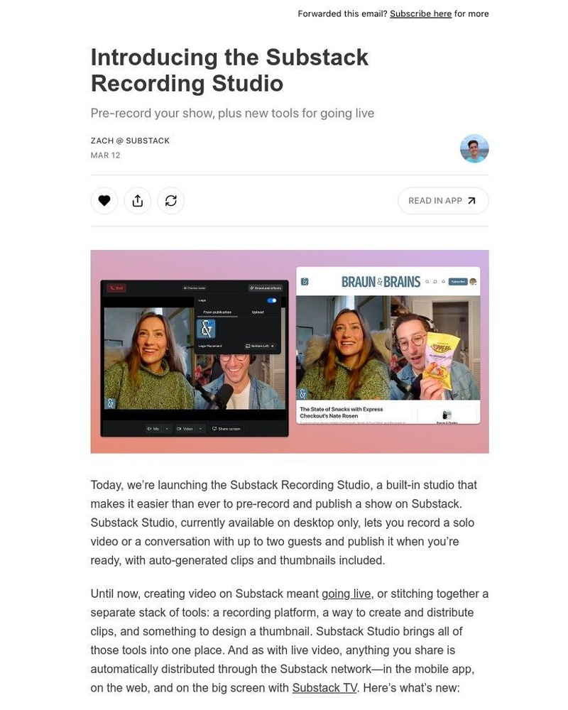 Screenshot of email sent to a Substack Registered user
