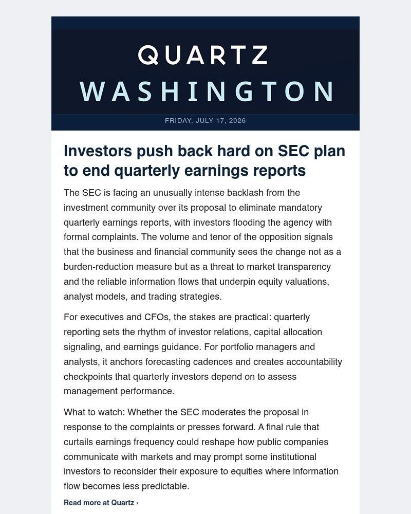 Screenshot of email sent to a Quartz Newsletter subscriber