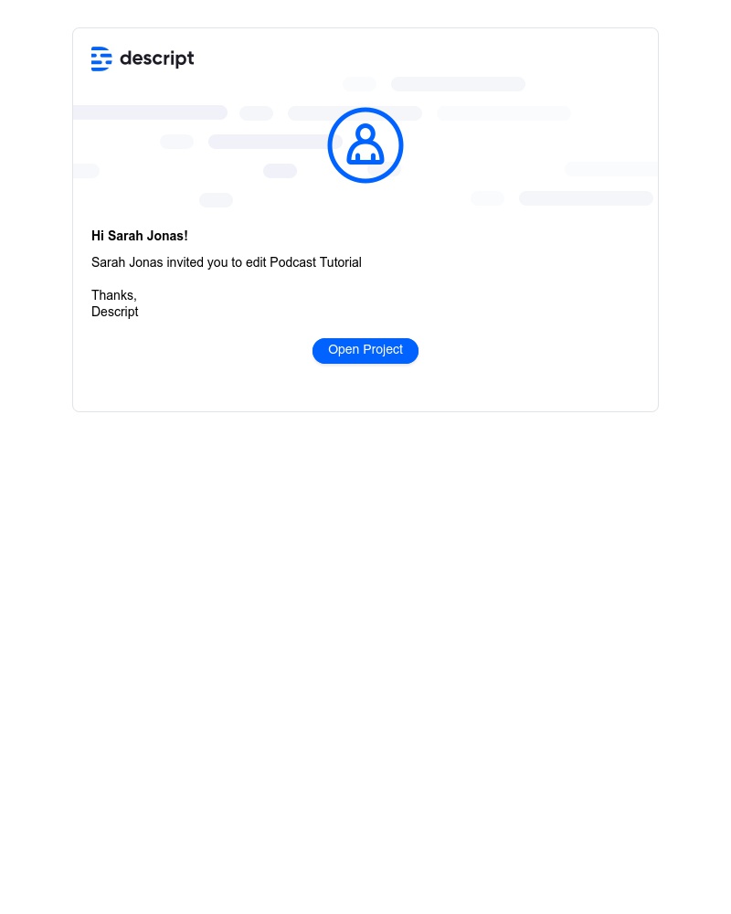 Screenshot of email sent to a Descript Registered user
