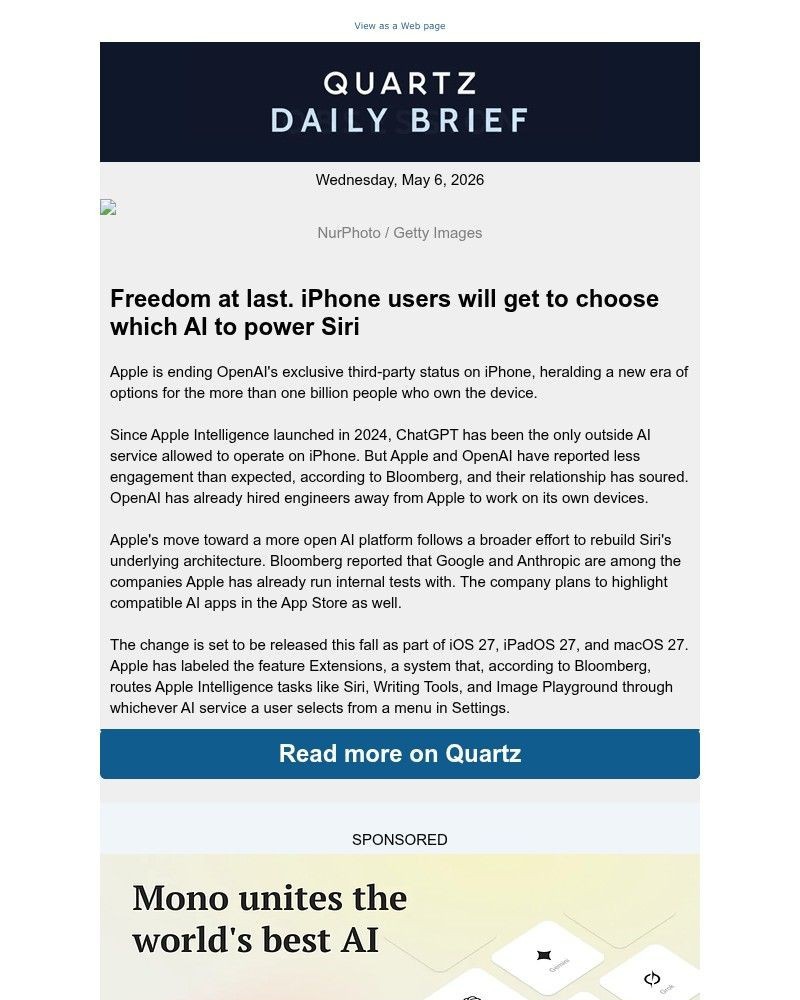 Screenshot of email sent to a Quartz Newsletter subscriber