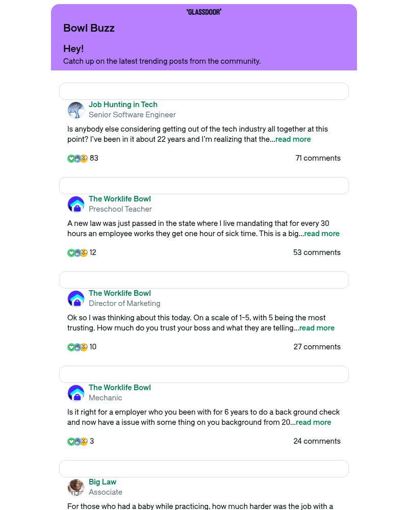 Screenshot of email sent to a Glassdoor Registered user