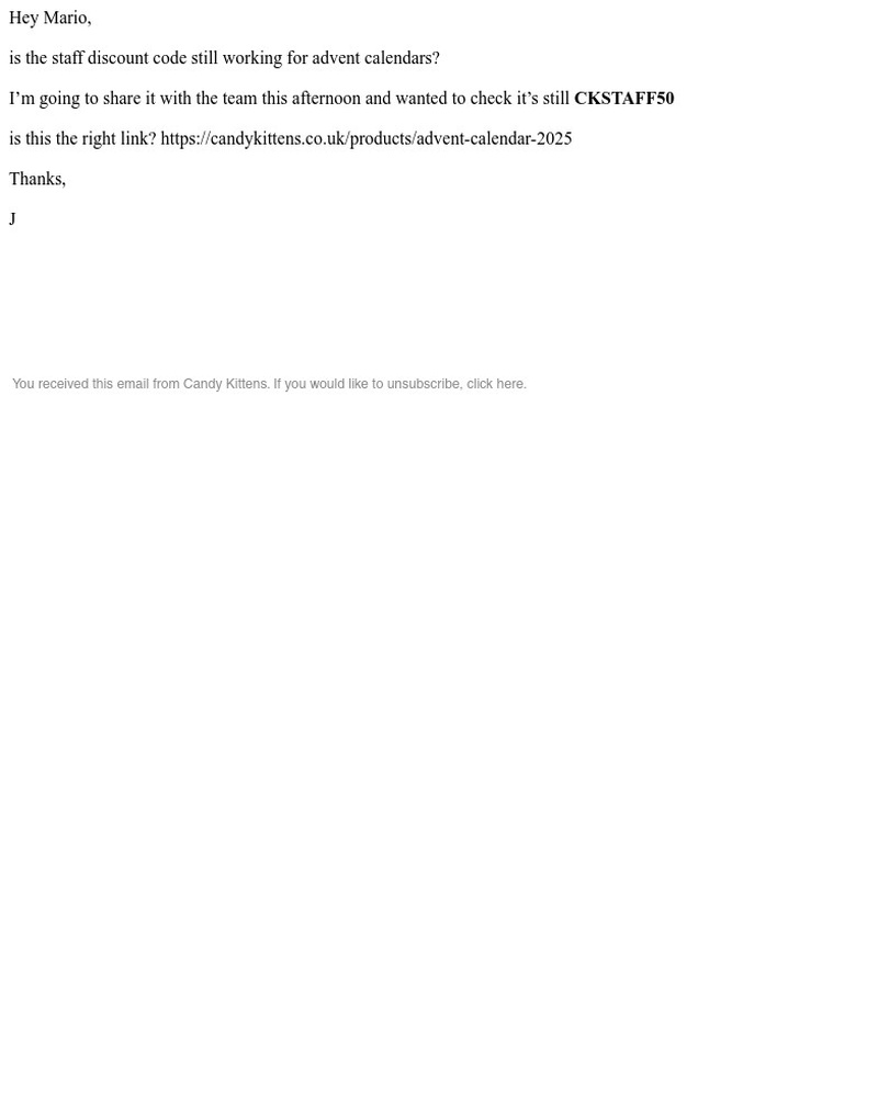 Screenshot of email sent to a Candy Kittens Newsletter subscriber