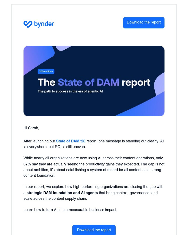 Screenshot of email sent to a Bynder Trial user