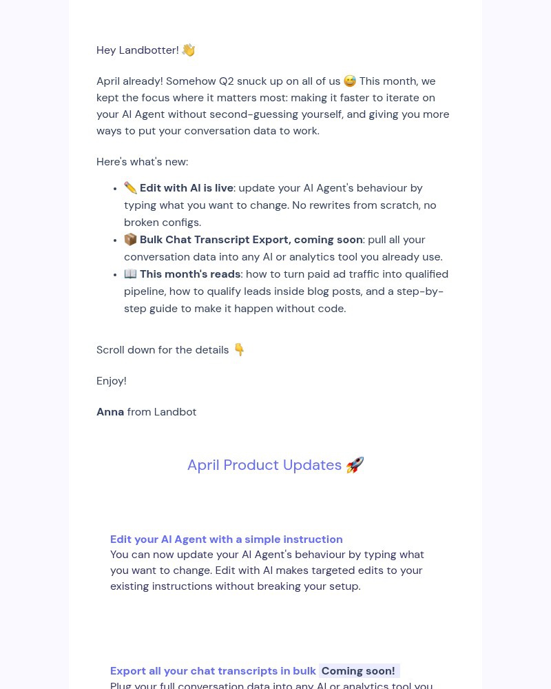 Screenshot of email sent to a Landbot Trial user