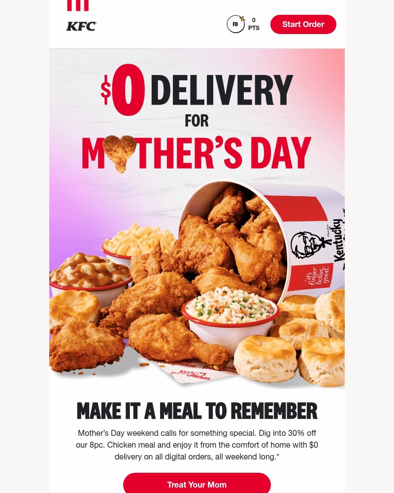 Screenshot of email sent to a Kentucky Fried Chicken Registered user