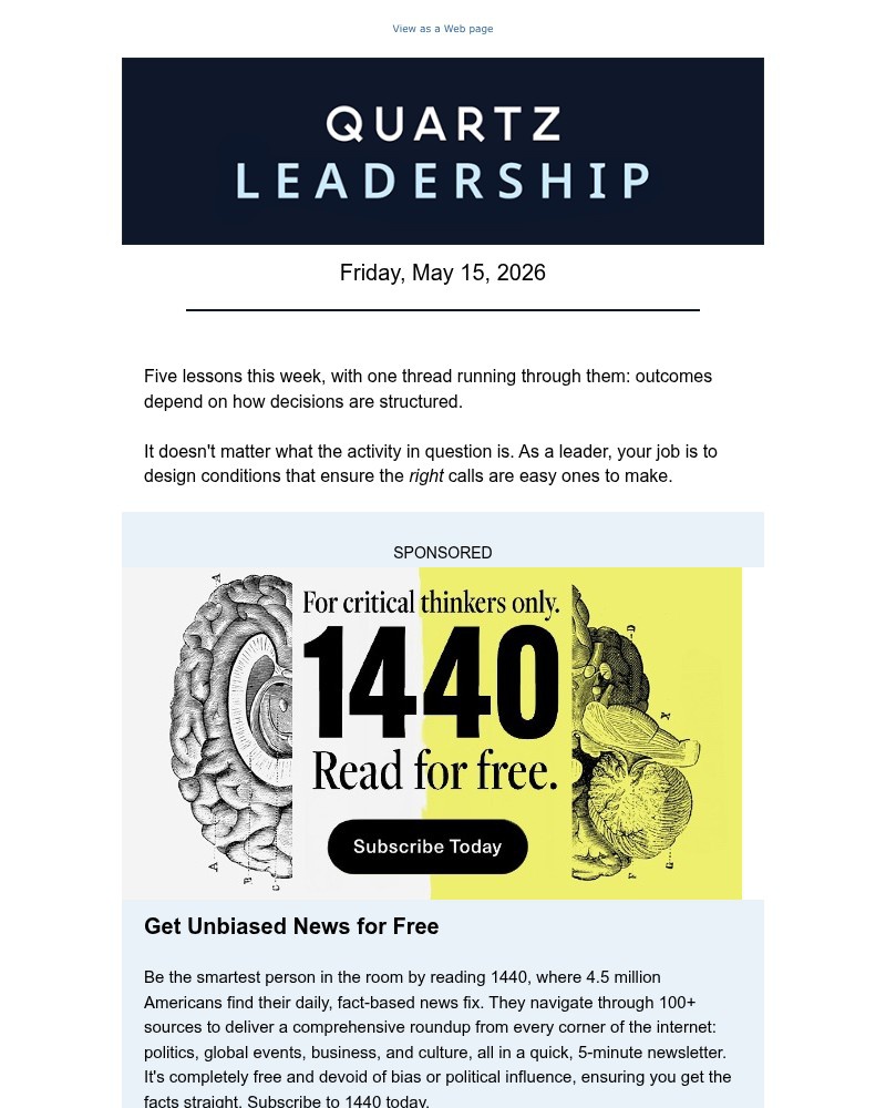 Screenshot of email sent to a Quartz Newsletter subscriber