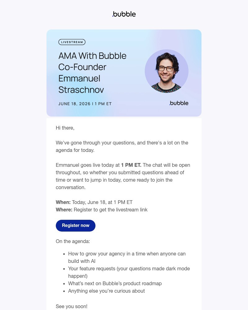 Screenshot of email sent to a Bubble Registered user