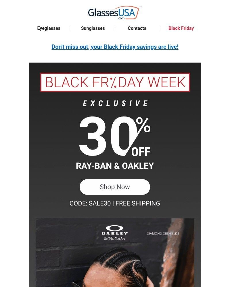 Screenshot of email sent to a Glasses USA Newsletter subscriber