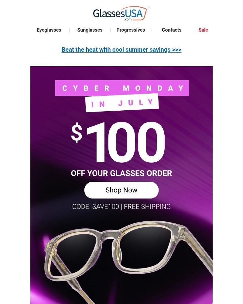 Screenshot of email sent to a Glasses USA Newsletter subscriber