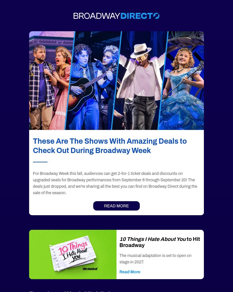 Screenshot of email sent to a Broadway Direct Newsletter subscriber