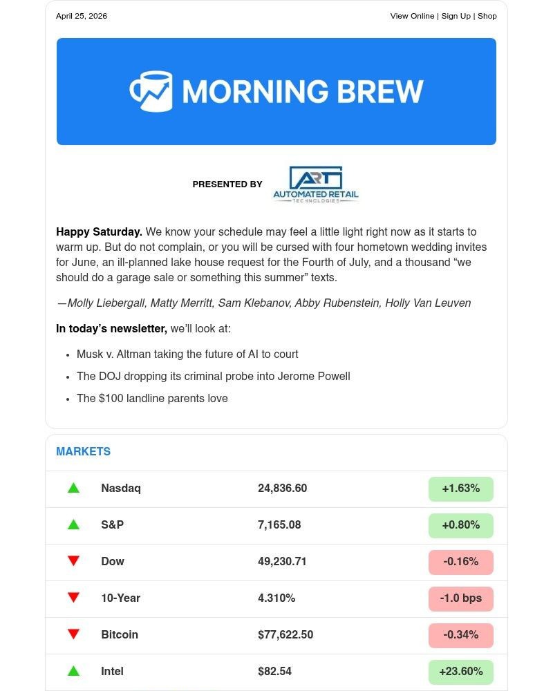 Screenshot of email sent to a Morning Brew Newsletter subscriber