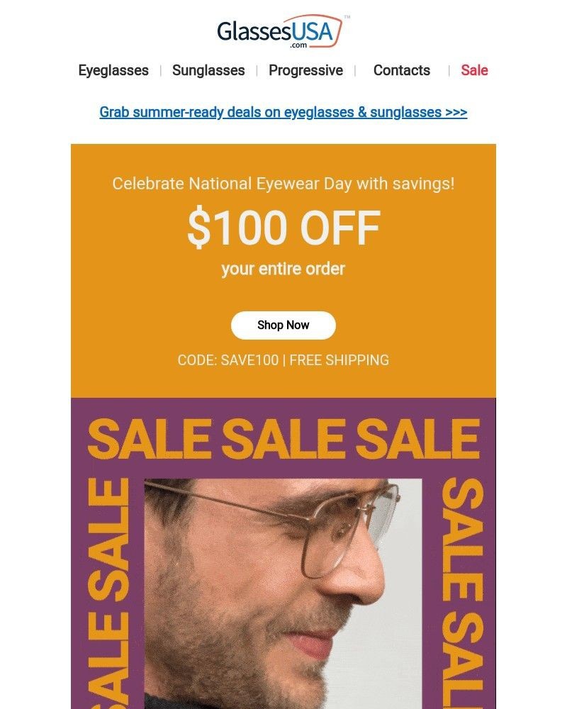 Screenshot of email sent to a Glasses USA Newsletter subscriber