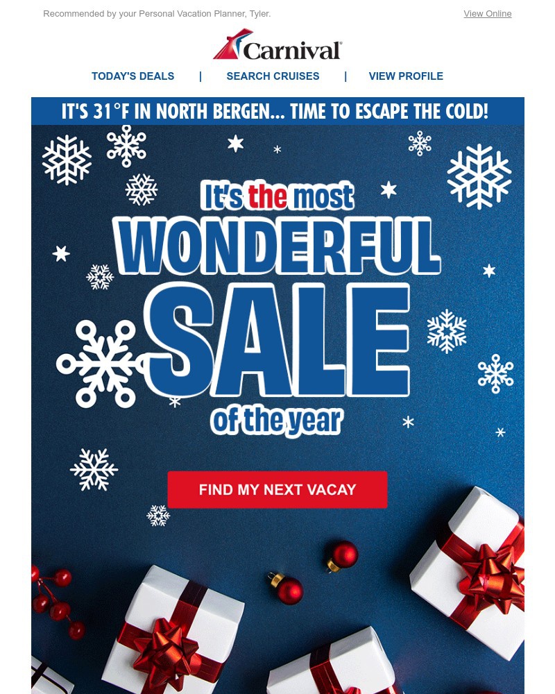 Screenshot of email sent to a Carnival Cruise Line Registered user