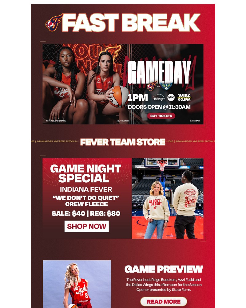 Screenshot of email sent to a Indiana Fever Newsletter subscriber