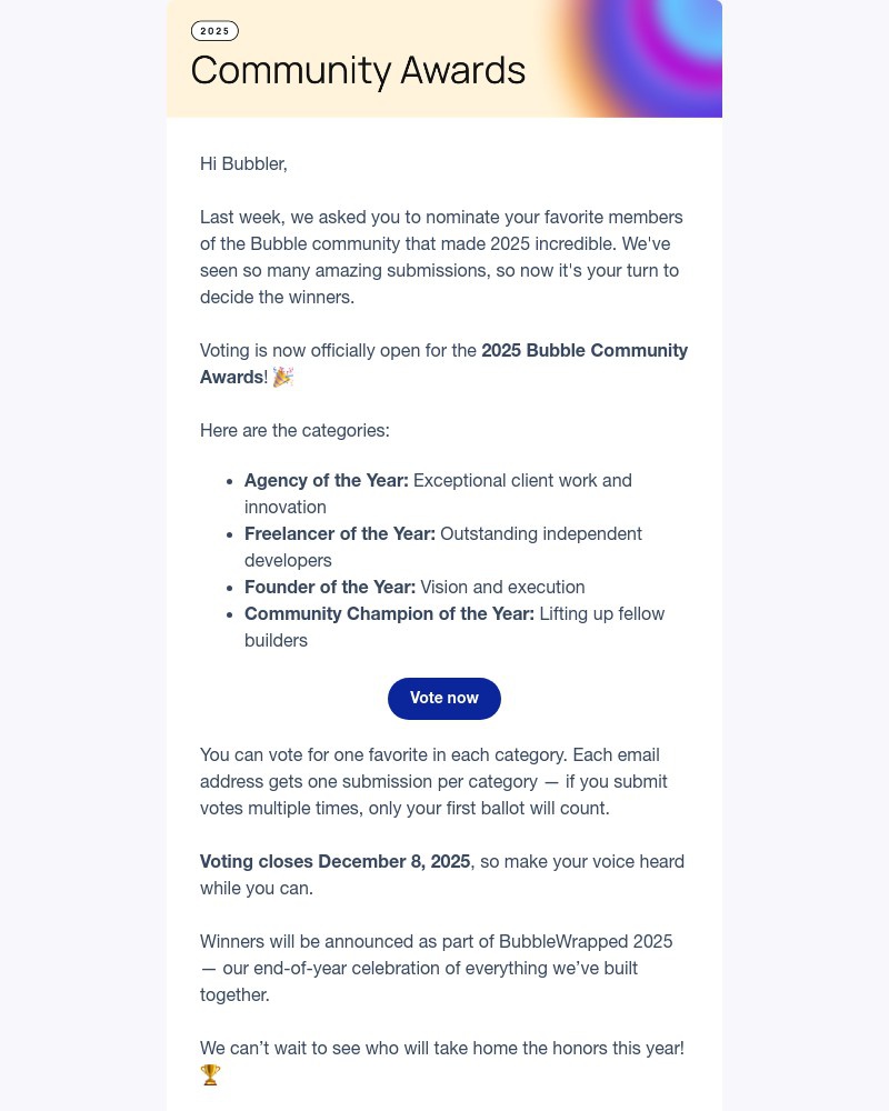 Screenshot of email with subject /media/emails/its-time-voting-is-open-for-the-2025-community-awards-2d17bf-cropped-39c92f6c.jpg