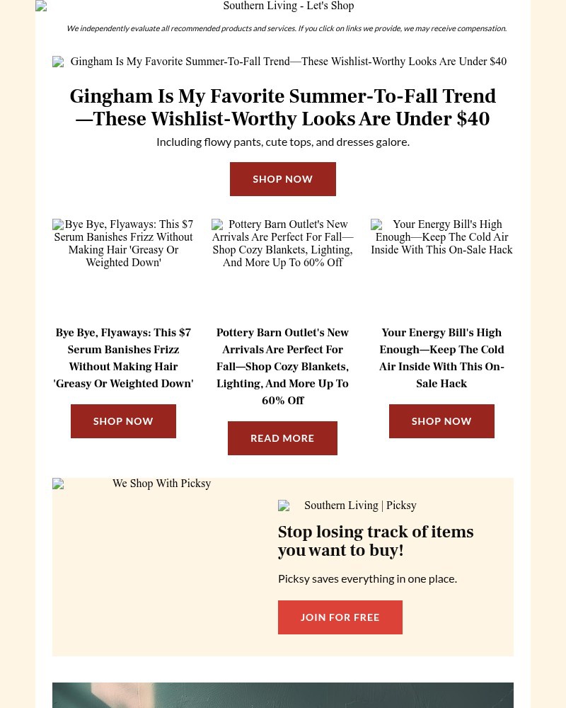 Screenshot of email sent to a Southern Living Newsletter subscriber