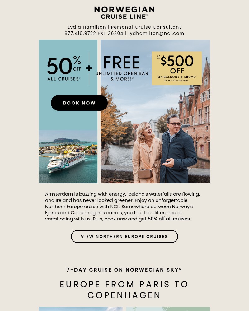 Screenshot of email sent to a Norwegian Cruise Line Newsletter subscriber