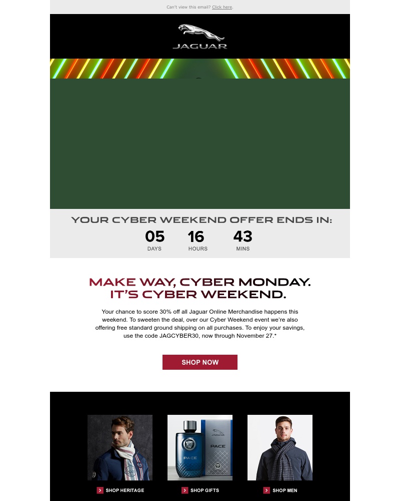 Screenshot of email with subject /media/emails/jaguar-merchandise-cyber-weekend-starts-early-cropped-d382cec4.jpg