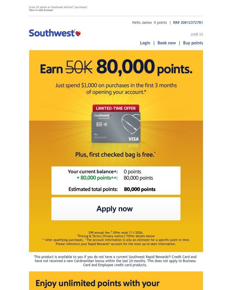 Screenshot of email sent to a Southwest Registered user