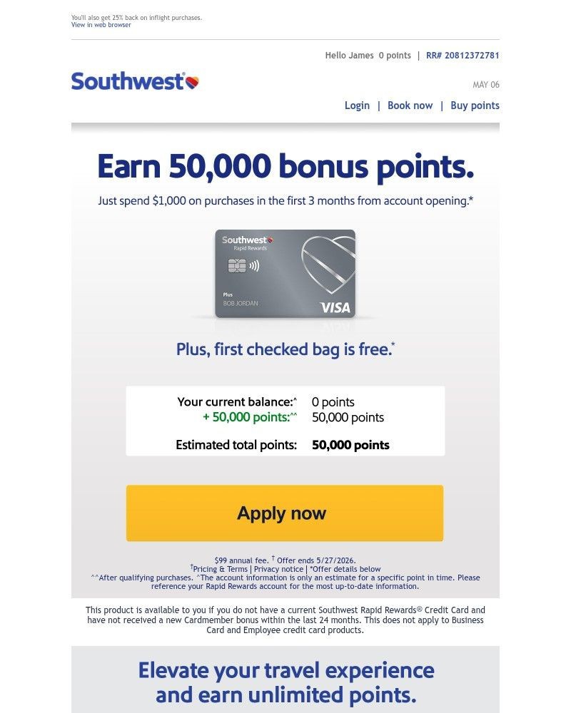Screenshot of email sent to a Southwest Registered user