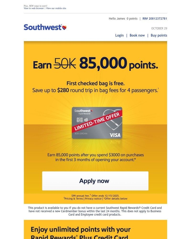 Screenshot of email sent to a Southwest Registered user