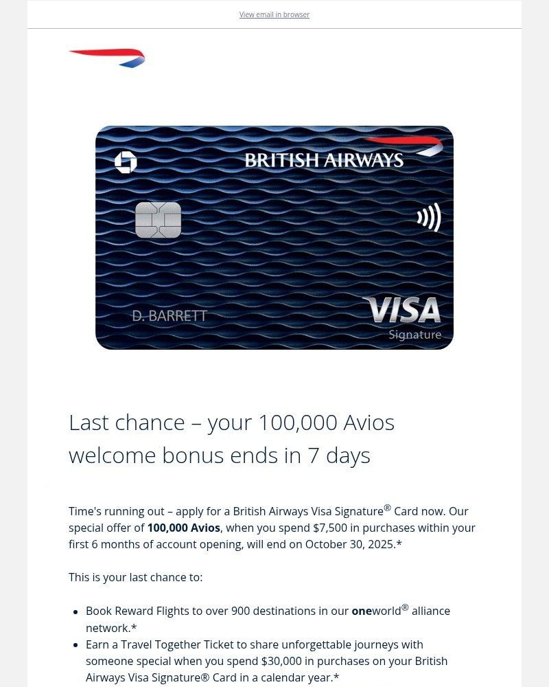 Screenshot of email sent to a British Airways Registered user