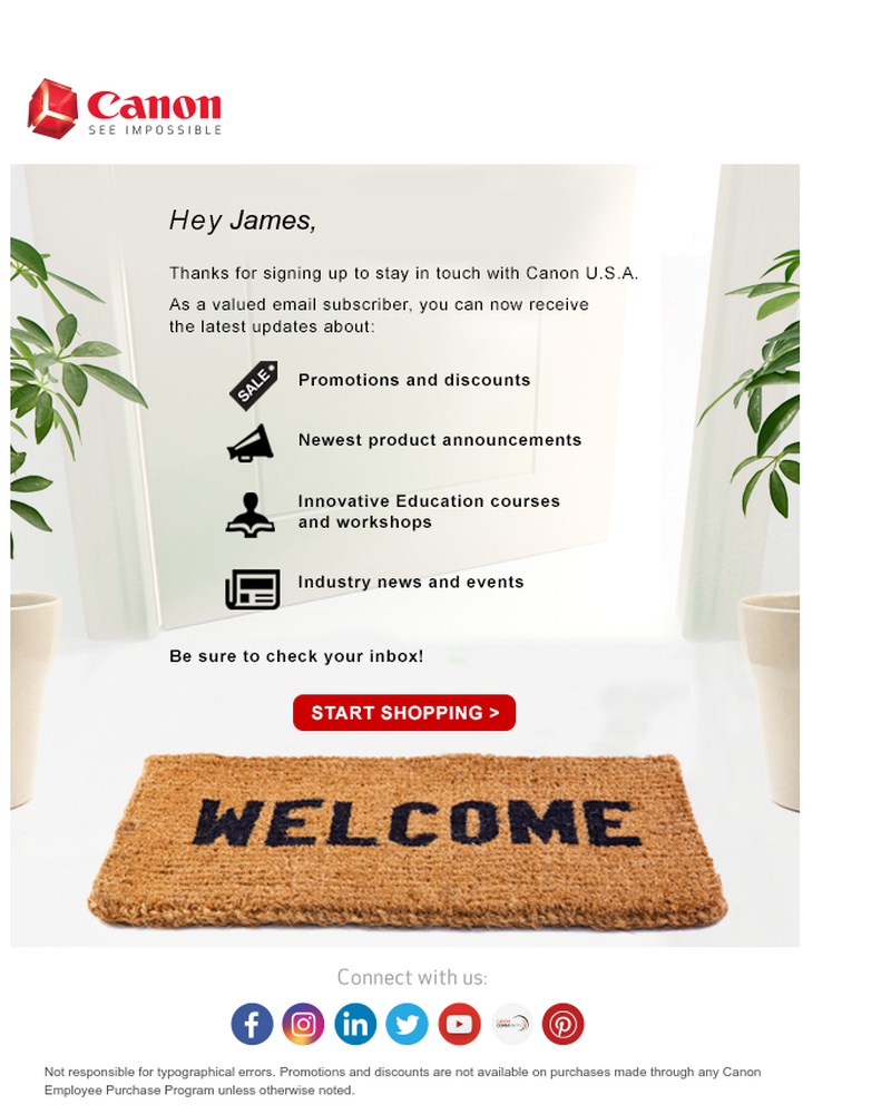 Screenshot of email sent to a Canon Newsletter subscriber