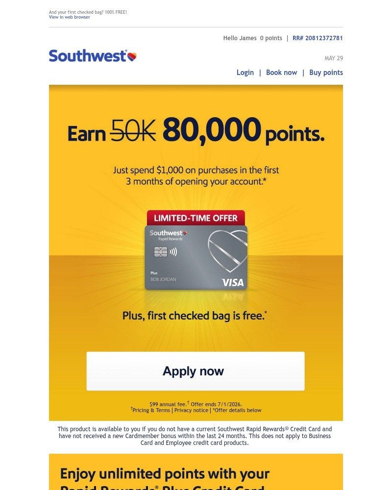 Screenshot of email sent to a Southwest Registered user
