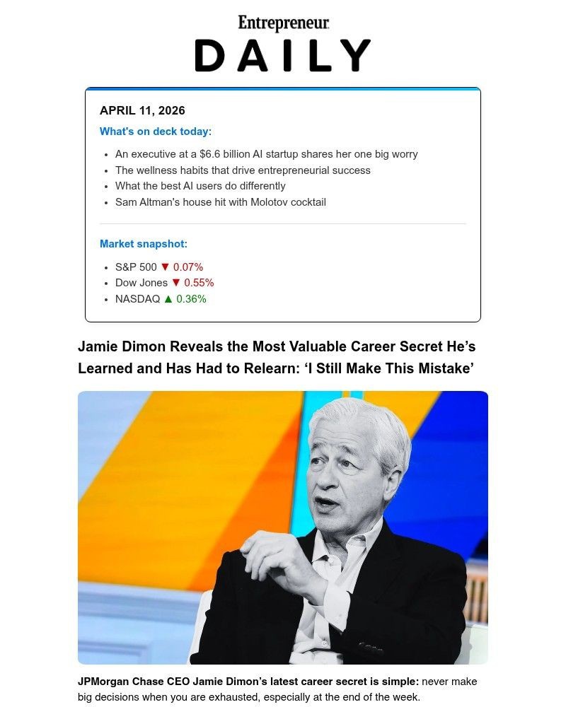 Screenshot of email sent to a Entrepreneur Newsletter subscriber