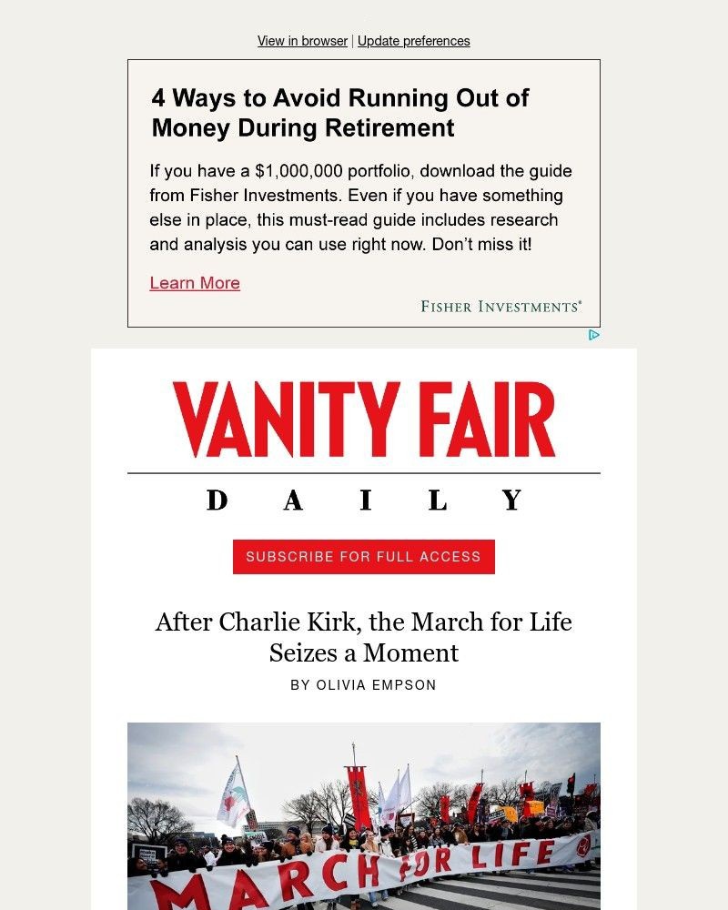 Screenshot of email sent to a Vanity Fair Newsletter subscriber