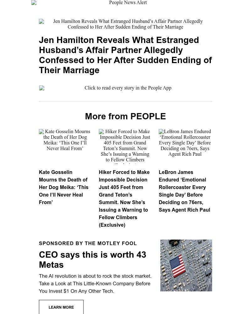 Screenshot of email sent to a People Newsletter subscriber
