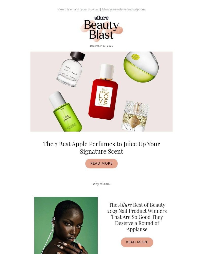 Screenshot of email sent to a allure Newsletter subscriber