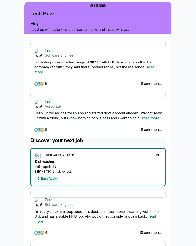 Screenshot of email sent to a Glassdoor Registered user