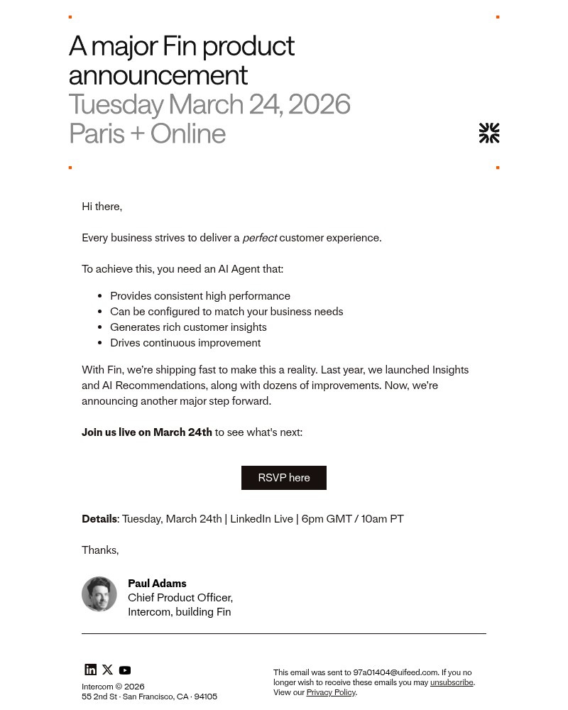 Screenshot of email sent to a Intercom Registered user