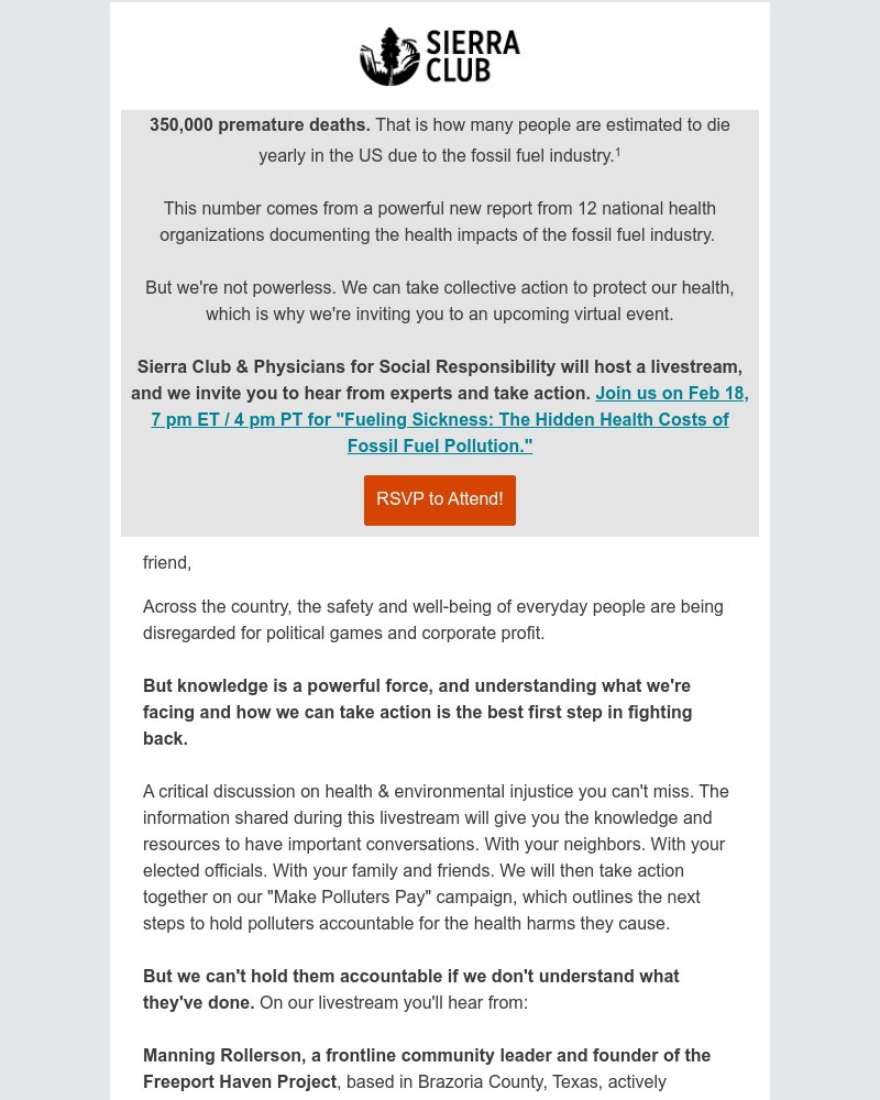 Screenshot of email sent to a Sierra Club Newsletter subscriber