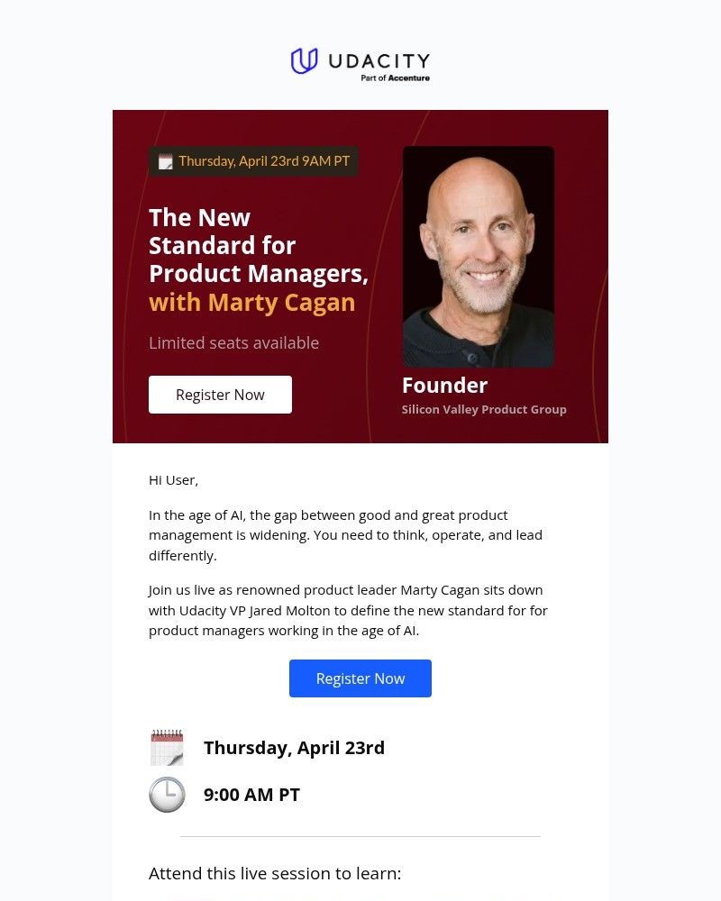 Screenshot of email sent to a Udacity Registered user
